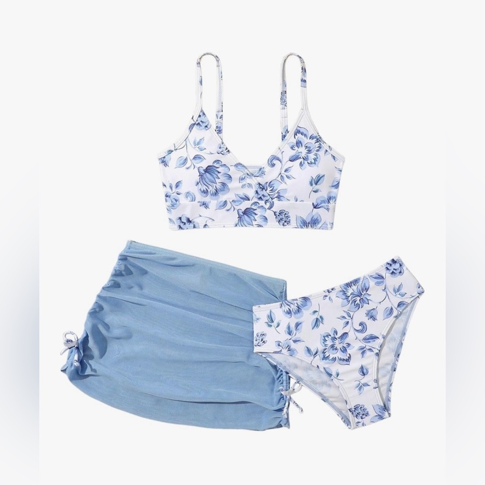 Blue Floral 3-Piece Bikini Set w/ Drawstring Skirt - Size 16Y NWT